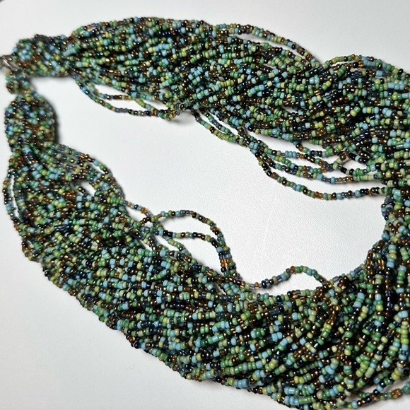 Glass seed-bead multi strand necklace in blue, green bronze lobster clasp 5309 L - Picture 15 of 16
